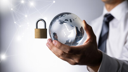 A man holding a glass globe with a padlock and a network in the background symbolizing security