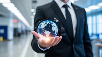 Businessman in suit holding glowing globe with digital interface in his hand in blurred background