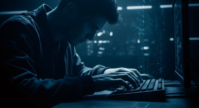 Man hacker typing on keyboard in dark room. Cybercrime and data theft. Computer programmer working on data breach. - Powered by Adobe
