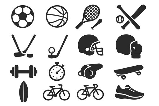 Variety of sports equipment icons including ball, racket, helmet, and skateboard