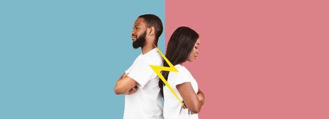 A couple stands back to back, clearly showing their emotional distance. This collage highlights their contrasting feelings with colorful backgrounds and a lightning bolt symbolizing conflict.