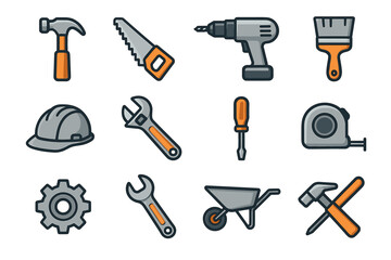 Set of cartoon construction tools: hammer, saw, drill, and more