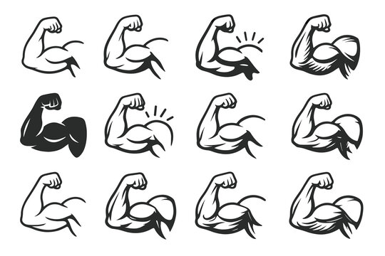 Collection of arm muscle flexing icons in black and white