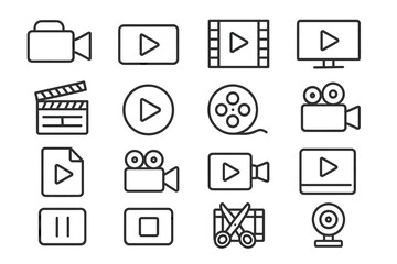 Collection of black and white video and multimedia icons featuring play buttons