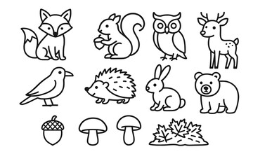 Obraz premium Outline drawings of forest animals and nature elements: fox, squirrel, owl, deer