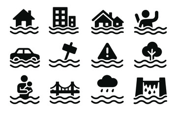 Flood disaster icons: buildings, alerts, vehicles, and rescue symbols