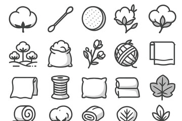 Set of cotton-related icons featuring plants, products, and tools in minimalist style
