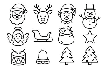 Festive christmas icons featuring santa, reindeer, elf, snowman, and holiday symbols