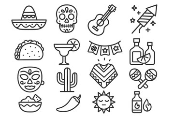 Obraz premium Mexican culture icons with sombrero, skull, maracas, and cactus illustrations