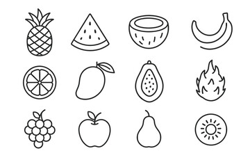 Outline icons of various fruits including pineapple, watermelon, and banana on white background