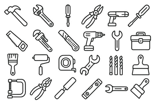 Line art illustration of various hand tools for construction and repair