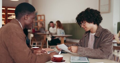 Discussion, team and men in cafe with tablet, data gathering and feedback on digital information. Collaboration, review and analyst in coffee shop with tech, graph and trend report for online project - Powered by Adobe