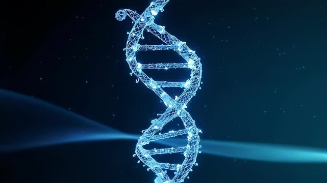 A glowing, detailed 3D rendering of a DNA strand, blue against a gradient background