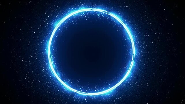 Glowing blue ring against a dark backdrop with sparkling particles creating a cosmic effect