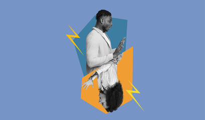 Two individuals are depicted in a dynamic pose, facing each other in a vibrant collage. The...