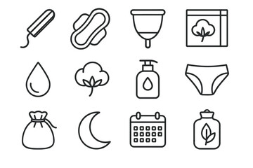 Menstrual hygiene icons set featuring tampon, pad, cup, and underwear