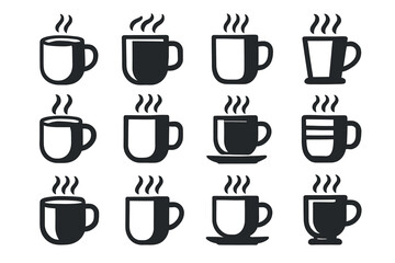 Set of twelve minimalist coffee cup icons with steam on white background