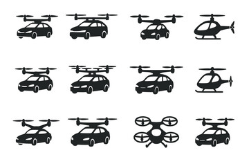 Silhouette icons of futuristic flying cars and drones