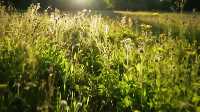 Meadow flowers bathed in sunlight during the day. Ideal for relaxation, calmness, and natural imagery