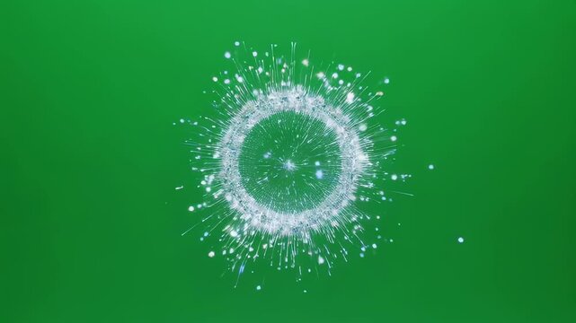 Abstract digital illustration showing a white glowing ring with particles on a green background