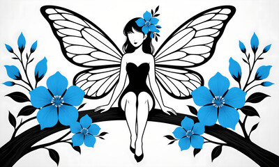 Elegant Fairy Illustration Sitting on a Branch with Blue Flowers