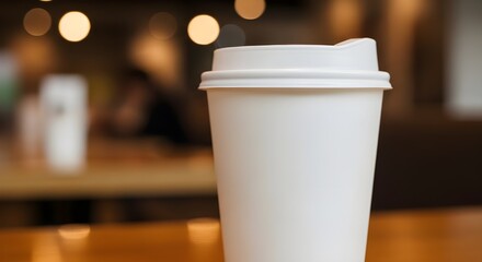 Closeup of a white disposable coffee cup with a lid, sitting on a wooden table in a cafe with blurred background lights