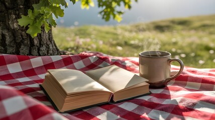 An open book and a cup of hot coffee rest on a red and white checkered blanket under a large tree in a grassy field