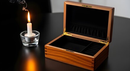 An open wooden jewelry box sits on a dark reflective surface next to a lit white candle with smoke rising, creating a warm and nostalgic atmosphere