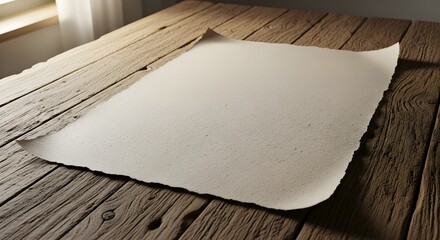 A large sheet of textured, offwhite paper is spread across a rustic wooden table, with one corner gently curled, bathed in soft natural light from a nearby window