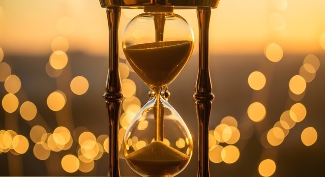 Closeup of an antique hourglass with golden sand flowing from the top bulb to the bottom, set against a blurred background of warm, glowing bokeh lights at sunset - Powered by Adobe