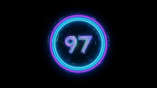 Neon number "97" inside a glowing circular frame. The background is a solid black color