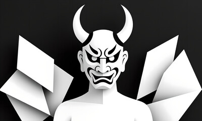 Abstract Illustration of a Horned Demon Mask in Black and White