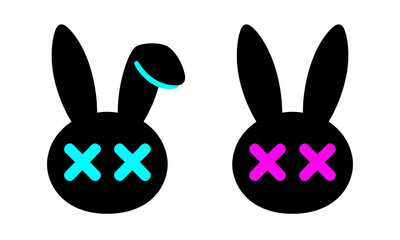 Two stylized black bunny silhouettes with colorful X eyes and neon highlight