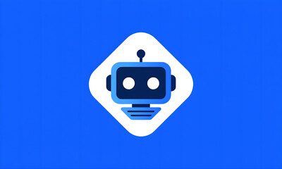 Cute blue robot icon on white badge against a blue background.