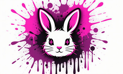 Modern Pink and White Bunny Head with Splatter Illustration on White