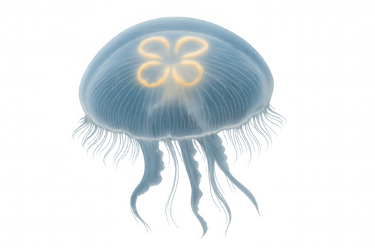 Luminous moon jellyfish swimming, bioluminescent marine animal, translucent umbrella body, isolated on transparent background