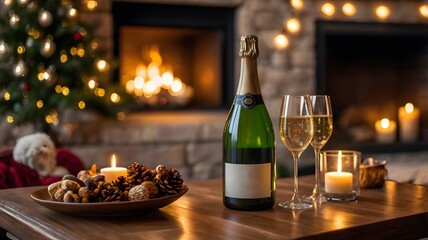 Naklejka premium Warmly lit cozy living room with fireplace candles glasses and a bottle of champagne. Copy space, place for text on the label of the bottle. Cozy Christmas concept.