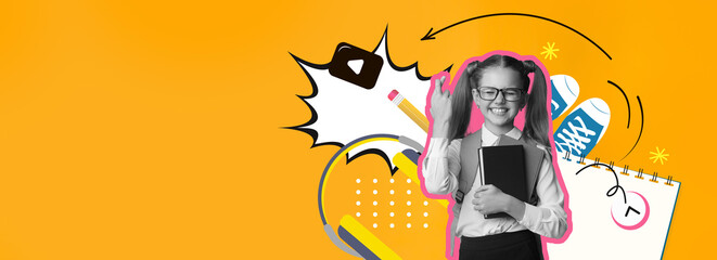 A joyful student poses with a notebook in hand, surrounded by colorful school supplies and creative designs. The vibrant background features playful elements representing learning and fun.