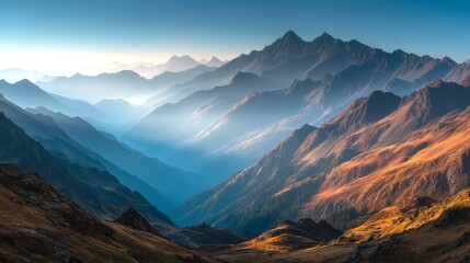 Serene Mountain Landscape at Sunrise with Misty Valleys and Peaks