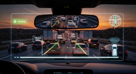 Autonomous driving system displaying road information and merge suggestions on a rainy evening