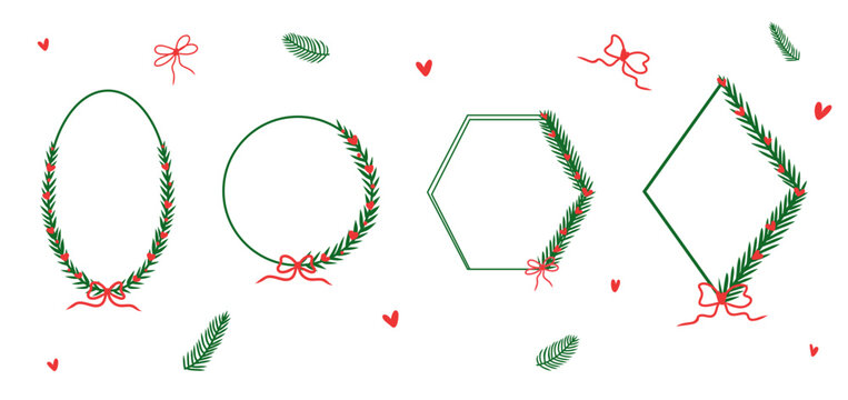 Christmas decoration border set with fir branches, bow, heart and ribbon in doodle style for poster, placards and invitations. Christmas and New Year design holiday frame vector illustration set.