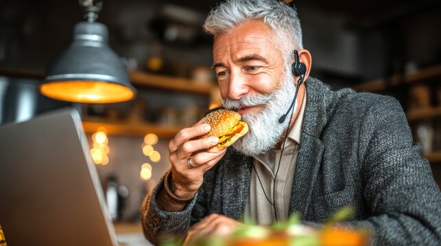Senior Man Enjoys Delicious Burger While Working on Laptop - Powered by Adobe