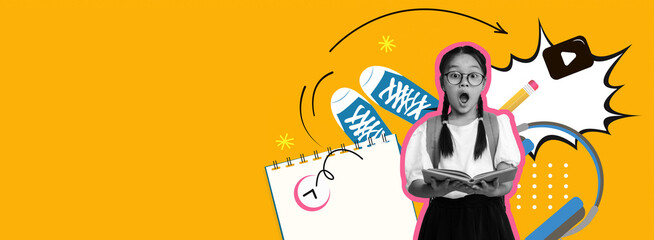 A collage showcases a young girl, surprised and joyful, holding a book, with bright elements like sneakers, notepads, and creative symbols, celebrating the joy of learning in a colorful design.