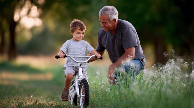 Heartwarming moment of grandfather teaching grandson to ride a bike in golden hour sunlight, symbolizing trust and joyful learning.