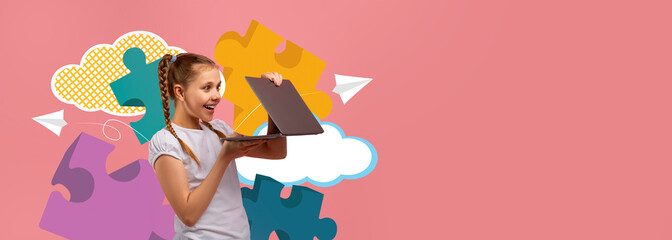 A young child is excitedly holding a laptop, engaging in a fun learning activity. Colorful shapes and clouds are in the background, adding a joyful atmosphere to the scene.