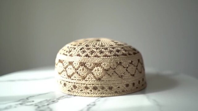 Intricate, beige-toned kufi cap, adorned with complex patterns, sits on a white marble surface under soft, diffused light