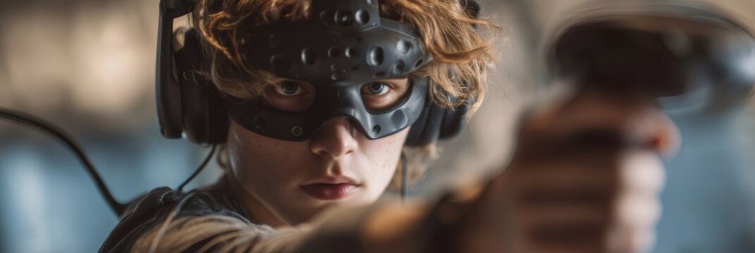Boy playing virtual reality game using headset and controller