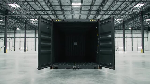 Open shipping container in a warehouse, doors open, ready for loading or logistics