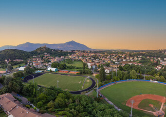Aerial sunset view of Avigliana, Italy, Piedmont , Turin,Italy A beautiful town with a medieval...