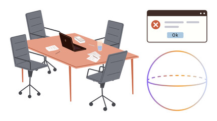Conference table with four chairs, laptop, documents, water glass, error window, and gradient-bordered sphere. Ideal for teamwork, troubleshooting, global connection communication remote work